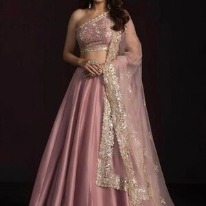 Elegant Pink Embroidered One-Shoulder Maxi Dress with Gold Accents